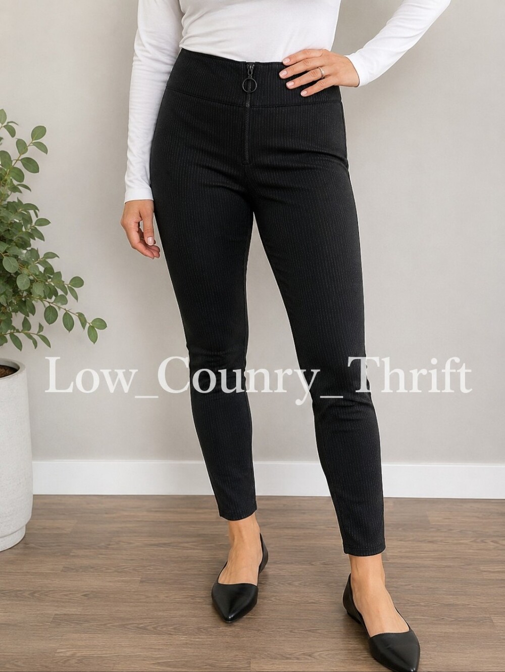 Vylette XL Black Pinstripe Ponte Leggings High Rise Zip Front
